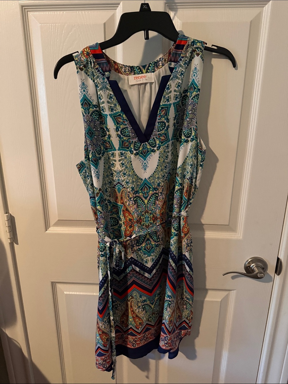 Renee C. Multicolor Paisley Midi Dress — Teal, Navy & White